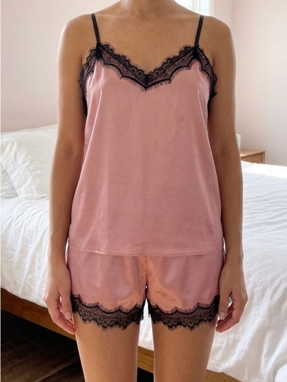 Pink Satin Pajama Set M Cami Top Lace Trim Shorts Sleepwear Nightwear Loungewear